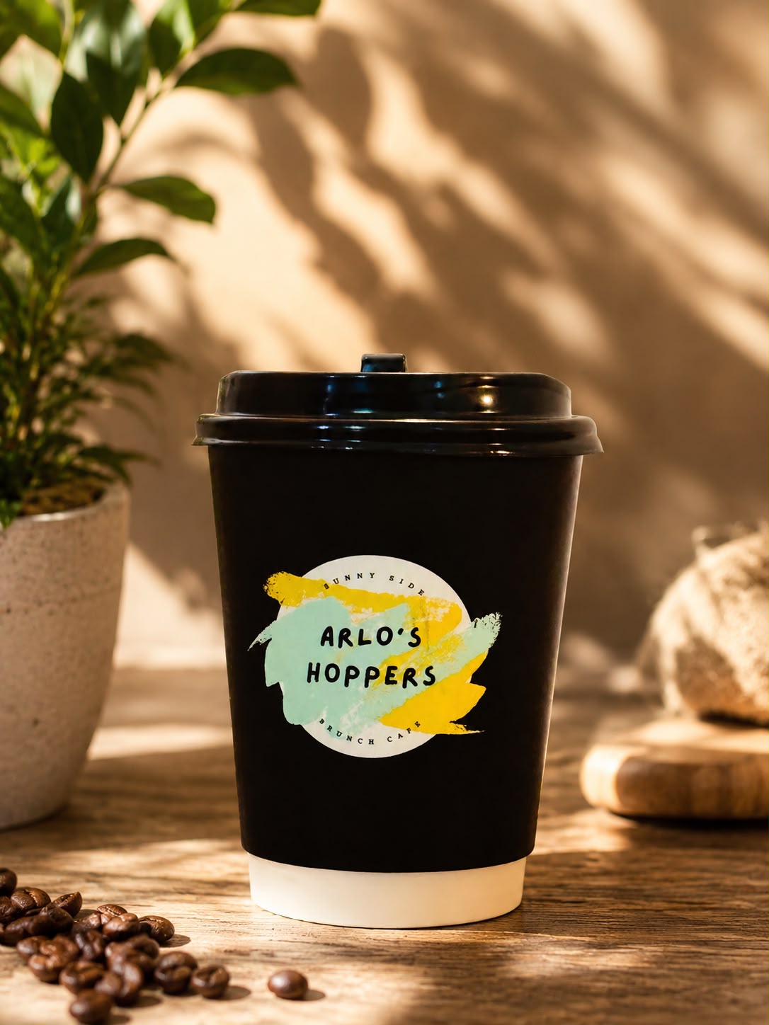 Arlo's Hoppers branded takeaway coffee cup